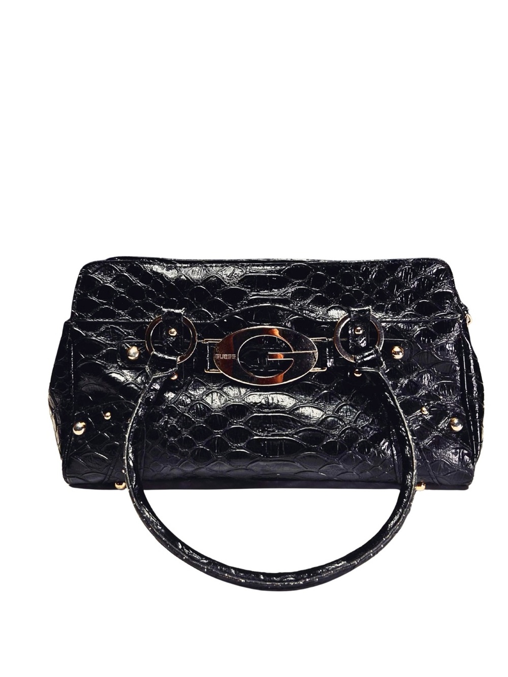 Guess Black Croc-Embossed Satchel with Gold Accents